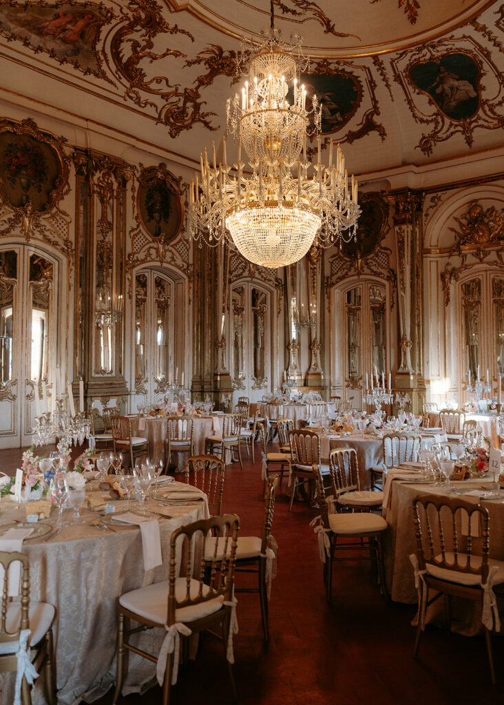 Reception space and decoration at a palace destination wedding